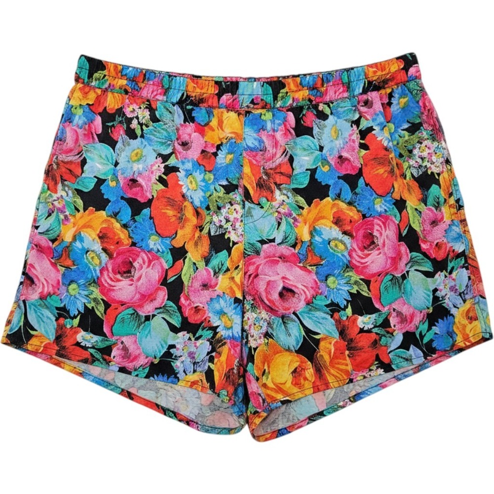 Vintage 100% Silk Floral Print High Waisted Sleep Shorts Multicolor Medium Artsy